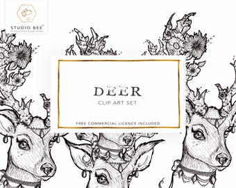 Deer Clipart, Deer Illustration, Flower Clipart, Flower Illustration, Female Deer Art, Vintage Art, Antler Clipart, Rustic Clipart,