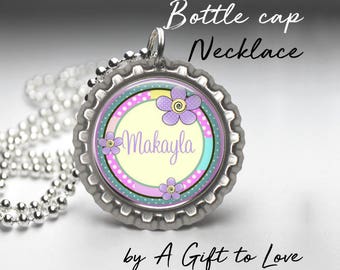 Personalized Bottle Cap Necklace - Purple Flowers - Party Favor - Child Gift - Birthday Gift
