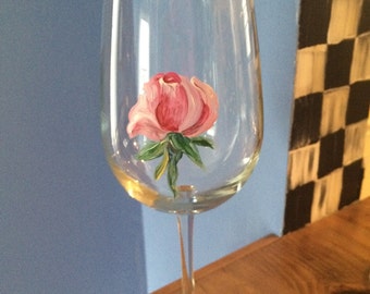 Hand Painted Wine Glass/ Rose Bud