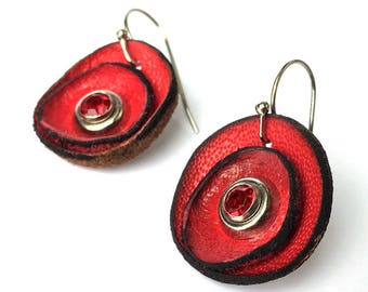 Petite Red Poppy Flower Leather Earrings, Women, Teen Girl, Eco-Friendly Reclaimed Leather Dangle Drop Earrings, Unique, OOAK
