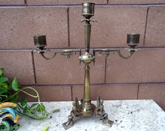 Vintage Egyptian Revival Brass Candelabra. Winged Sphinx And Ra, French Or French Style, Egyptian Revival Brass Candelabra. Winged Sphinx
