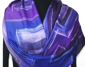 Silk Scarf Hand Painted Silk Shawl Purple Lavender Hand Dyed Silk Scarf NIGHT TEMPLE Large 14x72 Birthday Gift Scarf Gift-Wrapped Scarf