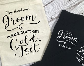 Please Don't Get Cold Feet Wedding Morning Personalised Groom Socks with Gift Bag