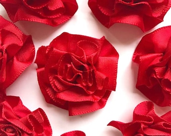 4 Large Red Ribbon Ruffle Roses Rosettes Flowers 3.5cm - Card Making Embellishments Craft Sewing
