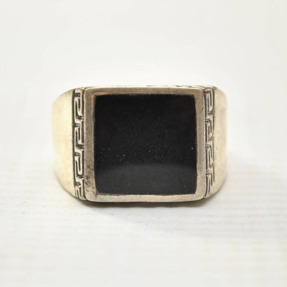 Onyx Square Stone in Greek Key Sterling Silver Ring Sz 10 #8758