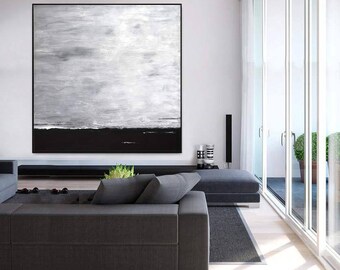 Minimalist Art Black and White Painting Large Wall Art Abstract Painting Minimal Landscape Huge Gray Oil Painting Artwork by Sky Whitman
