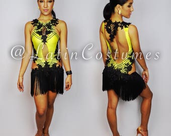 Ballroom latin dance salsa costume custom made backless fringe dress