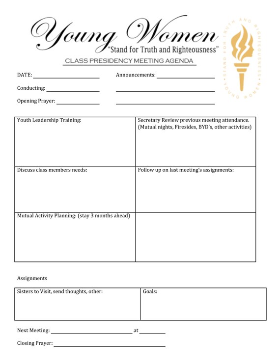 Items similar to Young Women Class Presidency Meeting Agenda on Etsy