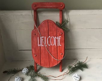 Sled Welcome Sign | Farmhouse Christmas Sled | Rustic Christmas Sled | Vintage Hand Painted Distressed Wooden Sled | Country Christmas Decor