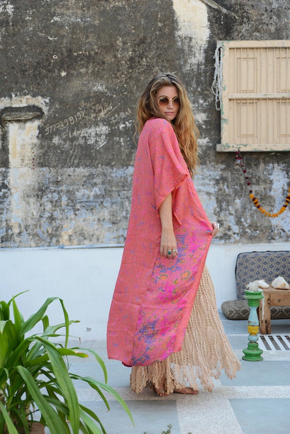DUSTY PINK KIMONO - Full length - Beach Cover Up - Cardigan - Summer - Gold - Kaftan - Maxi Dress - Silk Jacket - 70's Fashion - Festival