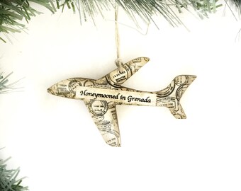 Personalized Plane Ornament, Airplane Trip Ornament, Passport Ornament, Honeymoon Ornament, Vacation Ornament, Trip Reveal, Passport Stamp