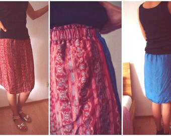 Silk skirt, knee lenght with aztek print - upcycled, europ. size S