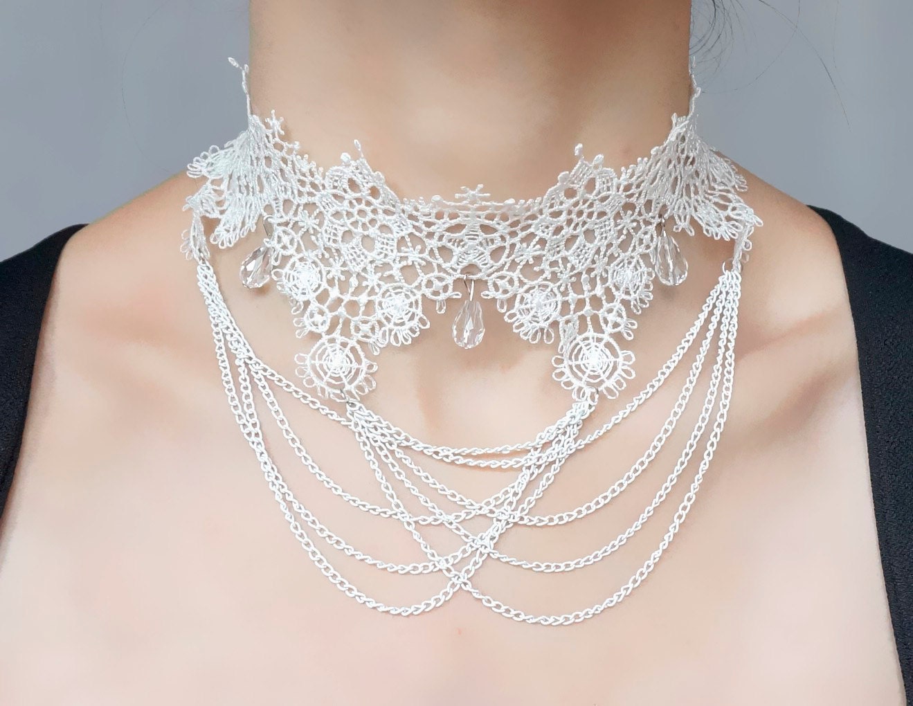 Sale Bridal Wedding Necklace White Lace Choker Bib 0361