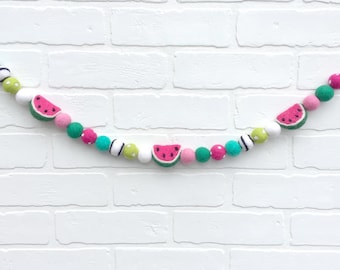 Slice of Melon Felt Pom Bunting | Summertime Watermelon Felt Ball Garland with Dark Pink POLKA DOT Pom