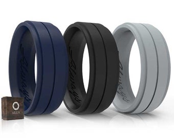 ARUA Silicone Weddings Rings for Men 3-PACK. Comfortable and Durable Rubber Wedding Bands for Sports, Gym, Outdoors.Black, Grey, Dark Blue.