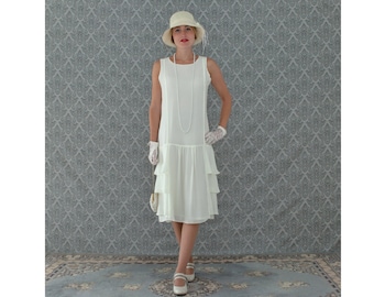 A darling 1920s-inspired dress in cream with tiered skirt, Roaring 20s fashion, Great Gatsby dress, 1920s flapper dress, Downton Abbey dress