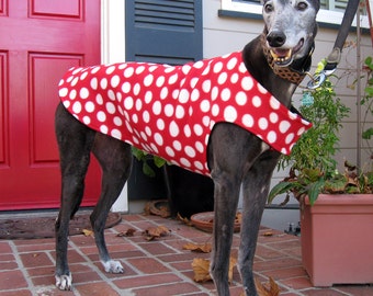 Greyhound Dog Coat, Dog Jacket, Various Sizes, Red and White Polka Dot Fleece with Black Fleece Lining or Pick Your Polka Dot Color