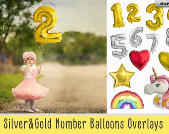 Number Balloons, Overlays, Gold, Silver, Foil, Heart, Star, Unicorn, Rainbow, Png, Clip art, Clipart, Balloon, Birthday, Shaped, Overlay