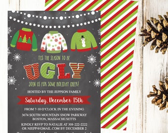 Christmas Party Invitation Template, Chalk Lights Ugly Sweater Party Printable Invite, Editable Text Instant Download DIY Holiday Invite PDF