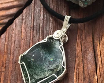 GREEN TOURMALINE Wire Wrap Necklace, Tourmaline Slice Wrapped in Silver, Heady Wire Wrap Pendant
