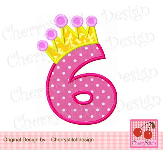 crown number 6 birthday embroidery applique design 4x4 5x7