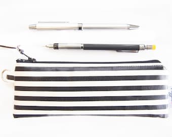 Mini Pencil Case / Makeup Bag - Black And White Stripes - Oilcloth