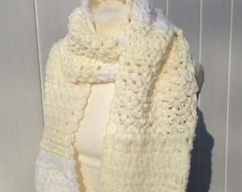 Extra Long Scarf Shades of White and Cream Crochet Oversized Handmade Soft and Fluffy