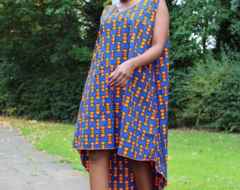 African Print High-Low/Dipped Hem Blouse Dress with Diamanté Studds