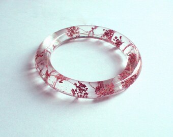 Hand Made Real Red Anne's Lace Flower Resin Bangle,Real flowers and leaf,Gift idea