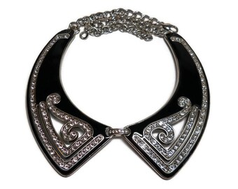 Vintage Brighton Black Enamel Rhinestone Bib Necklace