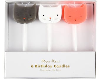 Mini Cat Birthday Candles - Set of 6 Meri Meri Cat Candles in 3 Colors (Black, Pink, & White) - Perfect for a Kitty-Themed Birthday Party