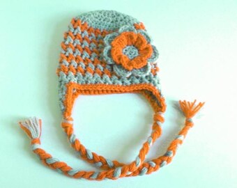 baby girl, baby Beanie Hat hand knit orange and gray