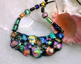 Statement Necklace in Dichroic Glass, Kiln Fired Fused Glass, Jewelry For Mermaids, Bubble Choker, Art Glass Bib Necklace