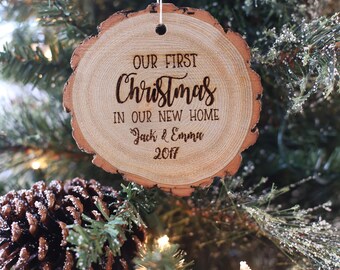 Our First Christmas In Our New Home Personalized Rustic Wood Christmas Ornament Housewarming Party Engraved