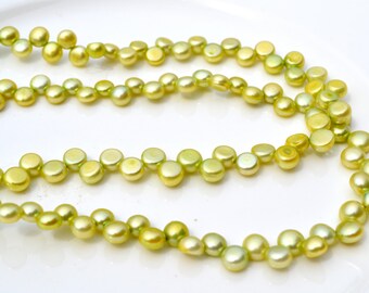 Celery Green Button Dancing Freshwater Pearl Strand FUll 14 inch strand