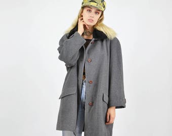 Vintage 90's Grey Wool Coat With Faux Fur Collar