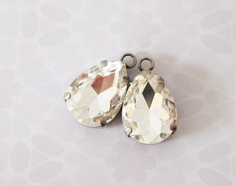 2 Glass Rhinestone Faceted Tear Drops Single Loop Colour Clear Glass Metal Antique Silver Tone Size 18x13mm