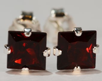 Garnet Earrings~.925 Sterling Silver Setting~5mm Princess Cut~Genuine Natural Mined Gemstones