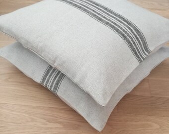 Grain Sack Pillow Cover with Black Stripe - Pure Linen Throw Pillow - Linen Decorative Pillow - Grey Cushion Cover - Organic Pillowcase