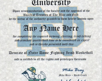 NOTRE DAME fighting irish~ basketball ~ football fan ~certificate ~ diploma ~gift ~sign ~ man cave ~ office ~ dorm