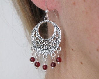 Boho Earrings - Red Beaded Earrings - Antique Silver Earrings - Gypsy Bohemian Jewelry - Fashion Jewelry - Beach Summer Earrings