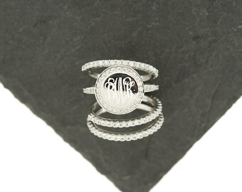 925 Silver CZ Stacking Monogram Ring, Wedding Set, Monogram Stackable Ring, Sterling Silver
