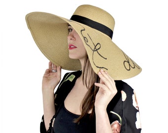 Wish you were here /Do not disturb Statement Large Floppy Hat Straw Sequin Hat Embroidered