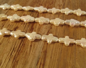 White Freshwater Pearl Crosses, 16 Inch Strand of Pearl Beads, 28 Beads, Drilled in Two Directions, 14mm x 9mm, Jewelry Supplies (P-C10)