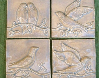 Ceramic Bird Tiles Set of 7 Birds on a Vine tiles 4x4