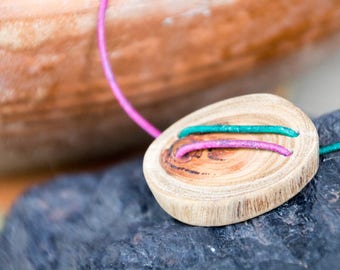 Handmade Unisex Reclaimed Wood Pendant & Adjustable Purple Teal Green Leather Cord Necklace Nature Jewelry OOAK Refashion Eco Boho Salvage