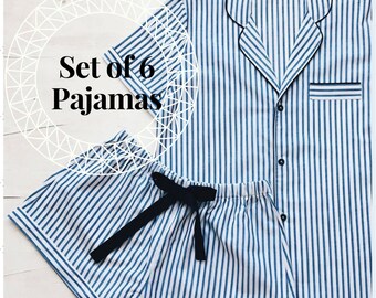 Pajama Set for Bridesmaid, Set of 6 Pajamas, Pj set, Navy Blue & White Striped Pyjama Set, Bridesmaids Gift, Pyjamas Cotton Sets,