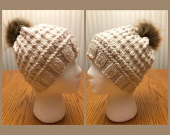 Knitted Hat With Faux Fur Pom