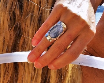 Large Kyanite Ring, Tube Ring, Solid 925 Sterling Silver Ring, Boho Ring, Bohemian Jewelry, Gypsy Ring, Statement Rings, Silver Jewellery