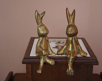 Pair of Vintage Brass Sitting Rabbits.